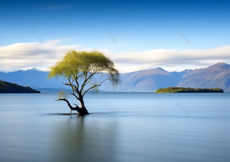蓝天白云下湖面上一颗树实拍摄影图,高清,摄影图,摄影图片,图片大全,摄影图免费下载